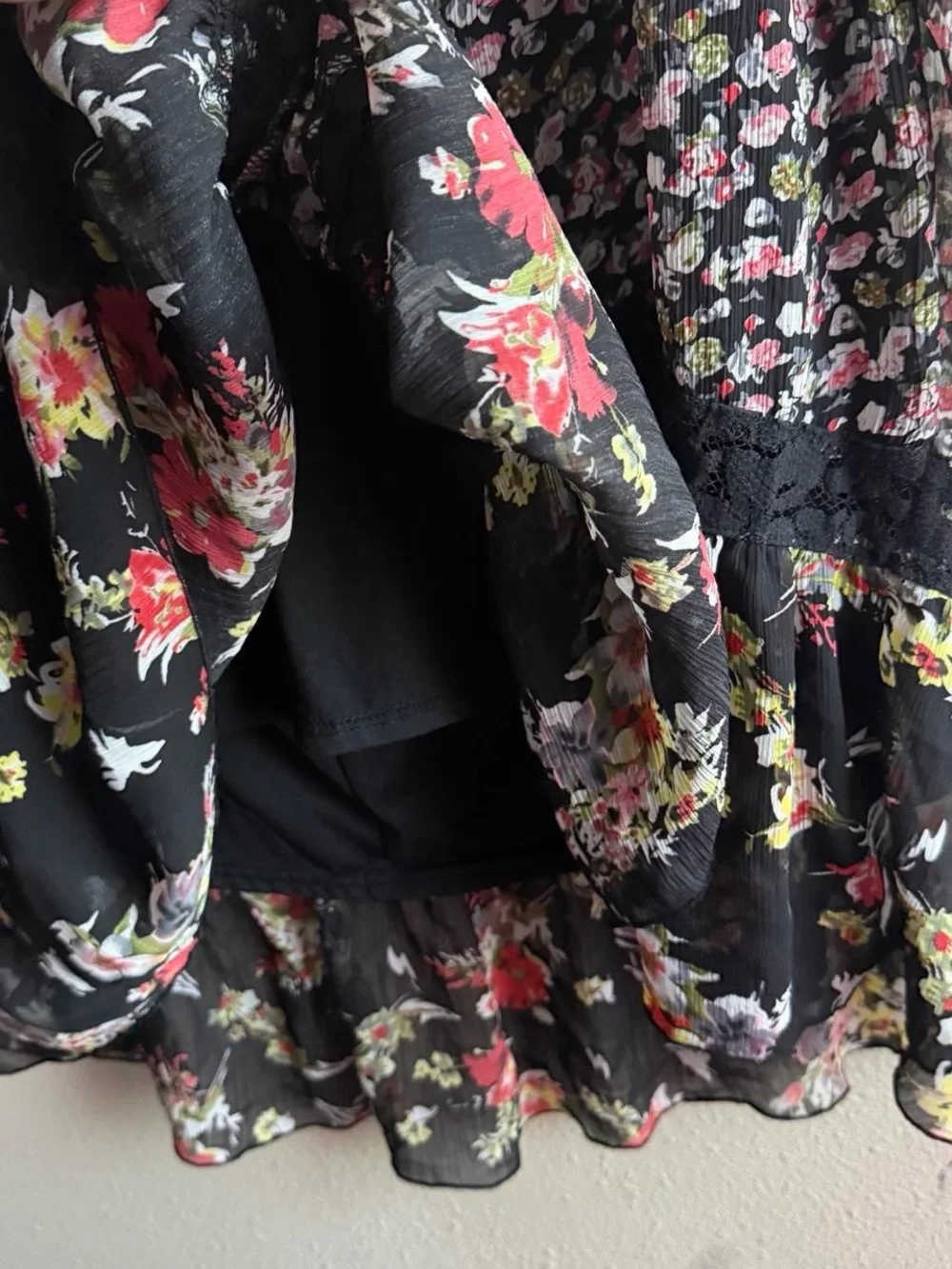 Notations Black Floral Tiered Maxi Skirt with Red and Yellow Blooms